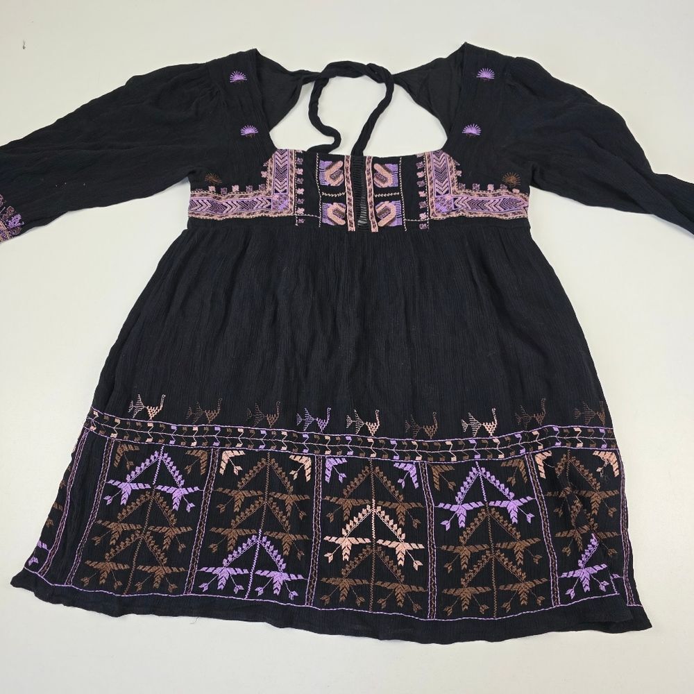 Free People Rhiannon Embroidered Mini Black Purple Dress Womens Sz Medium - Picture 4 of 12